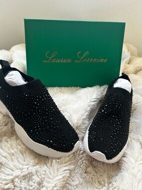 Lauren Lorraine Black Knit Slip-On Sneakers with White Sole